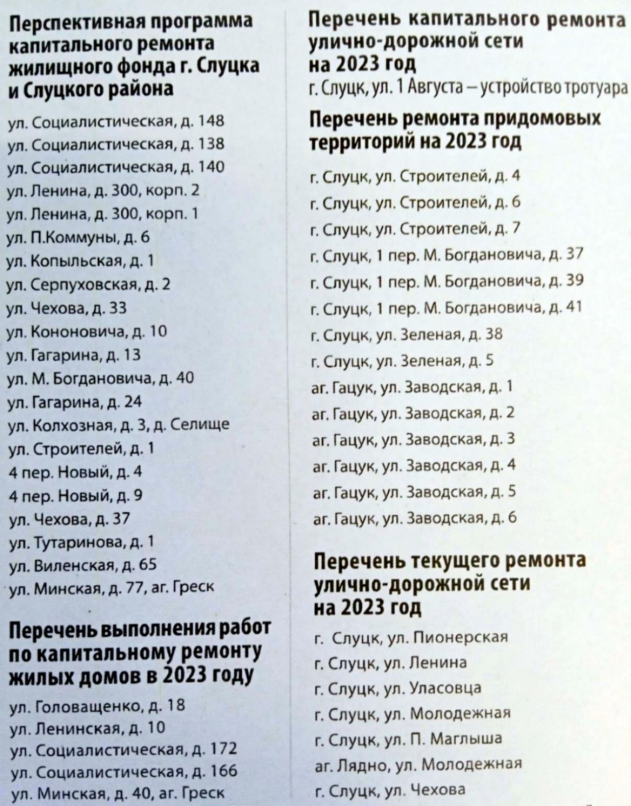 Перечень выполнения работ по ремонту объектов в Слуцке и Слуцком районе в  2023г.